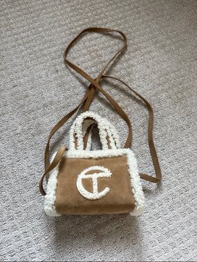 Tan Suede Telfar Ugg Mini Crossbody with White Shearling Trim